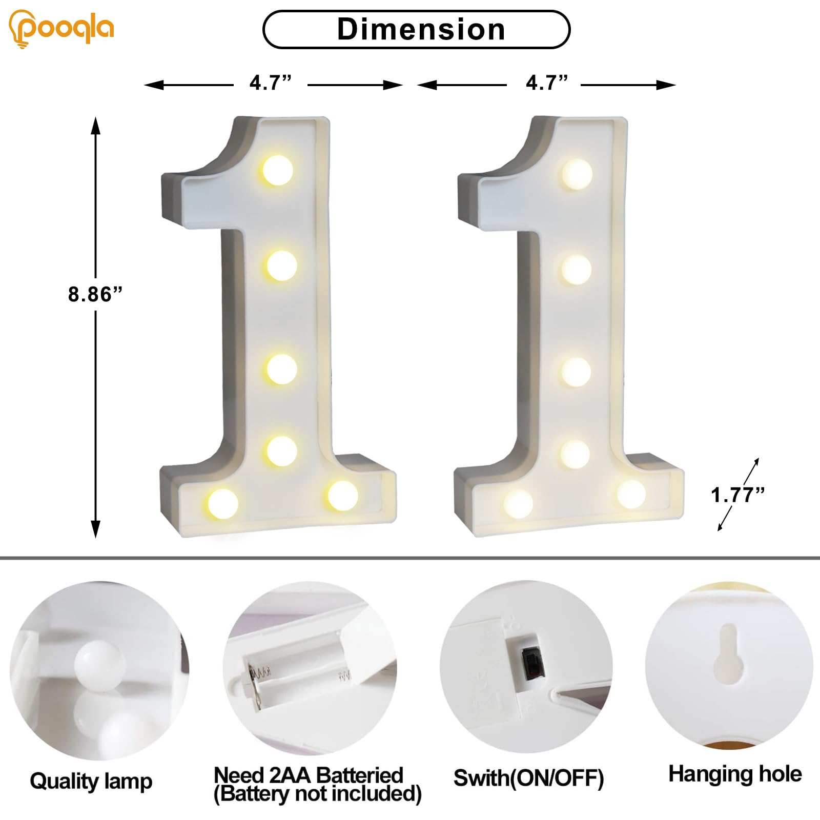 Pooqla Decorative Led Light Up Number Letters, White Plastic Marquee Number Lights Sign For 11Th Birthday Party Wedding Decor Battery Operated Number (11)