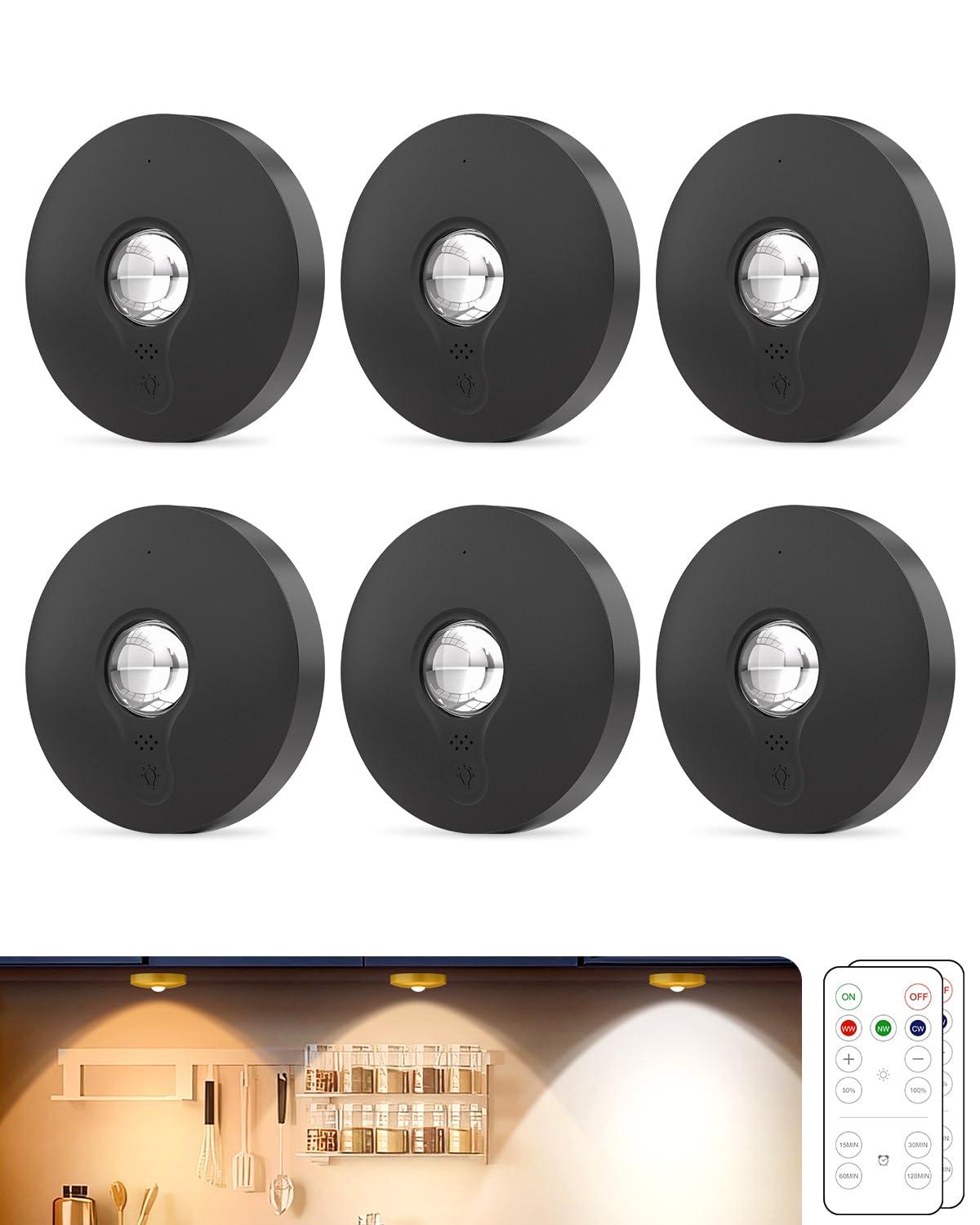 Aokpsrt Rechargeable Puck Lights (6Pcs) with Remote, 1500mAh Battery, Dimmer & Timer, Wireless Led Stick on Lights for Bedroom, 