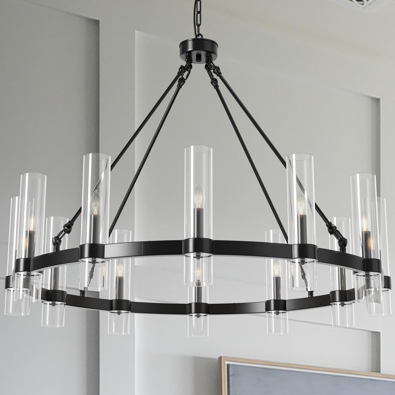 Jklx 43 Inch Black Wagon Wheel Chandelier, 12 Lights With Glass Shades Light Fixtures, Large Modern Farmhouse Pendant Light For 