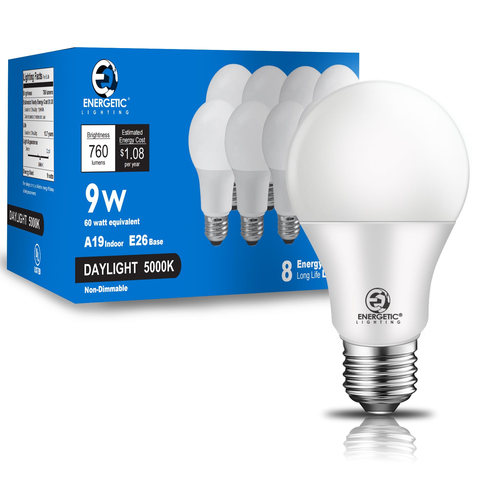 E Energetic Lighting Light Bulbs 60 Watt Equivalent, A19 Daylight Led Light Bulbs, 15000 Hrs E26 Base, 9W 760Lm 5000K Light Bulb