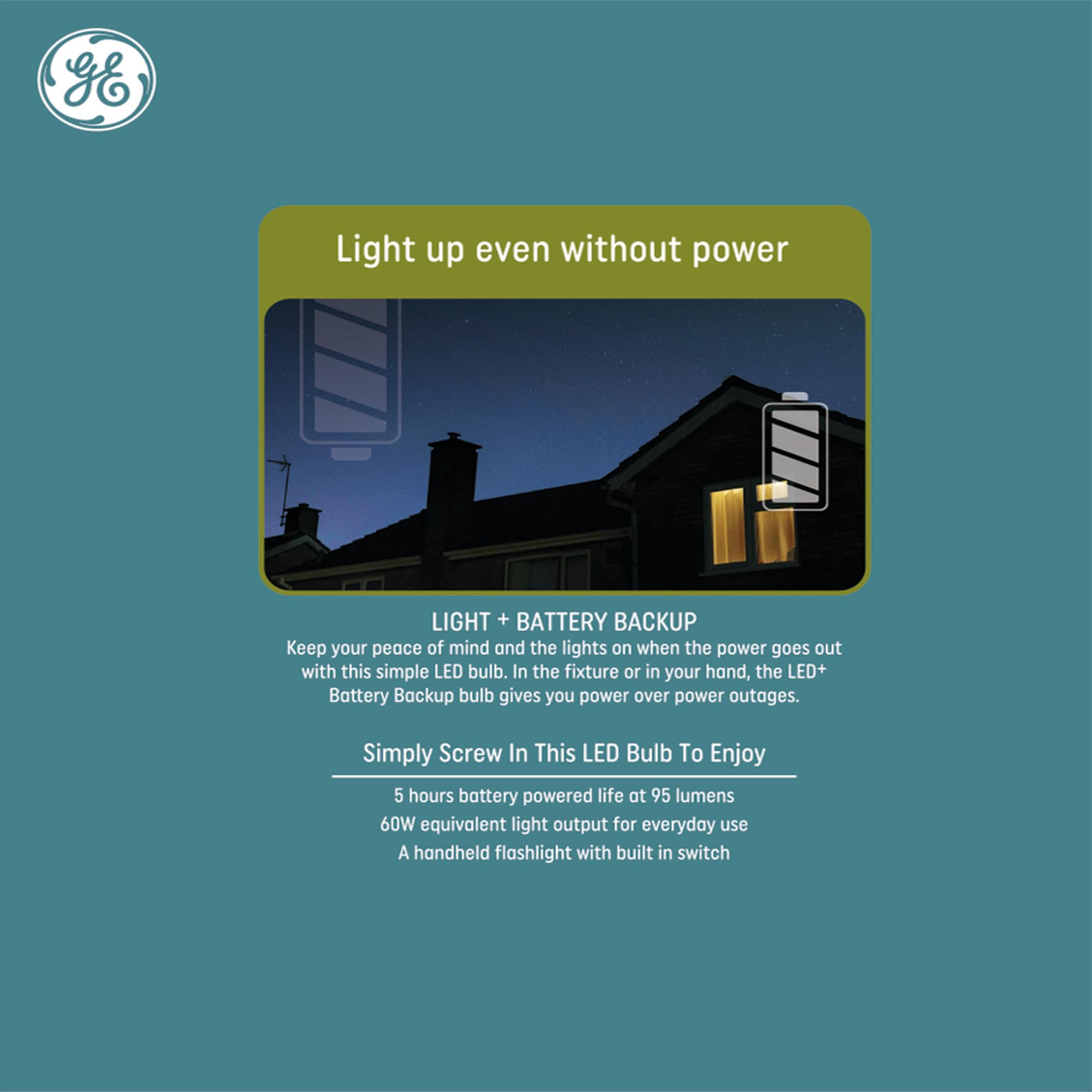GE LED+ Backup Battery LED Light Bulbs, A21 Rechargeable, 3 Color Temperatures, 2 Pack, White, Model 93131819