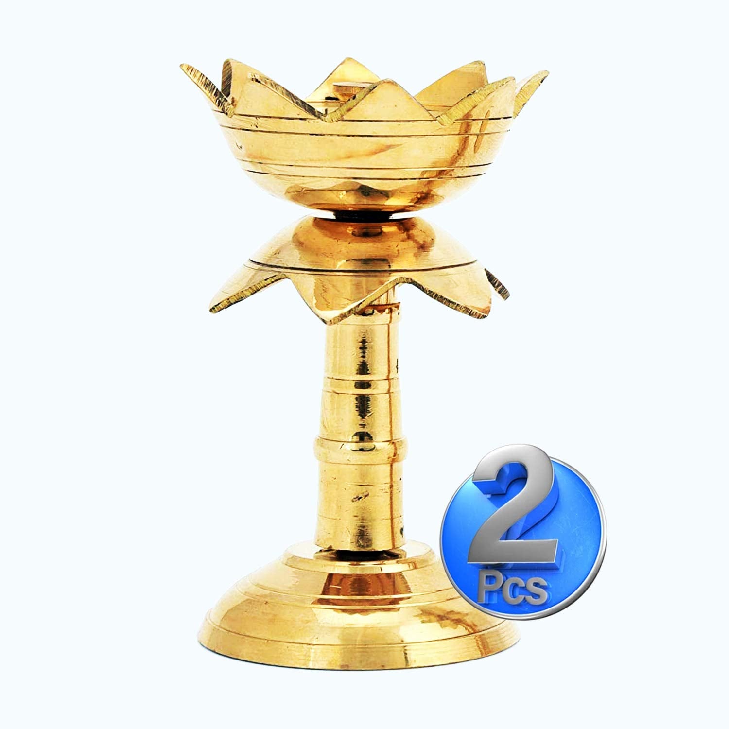 Shri Anand Set of 2 Pure Brass Diya for Puja Temaple Decoration, Lotus Shape Pillar Diya Stand Oil Lamp for Home Mandir Pooja Ar