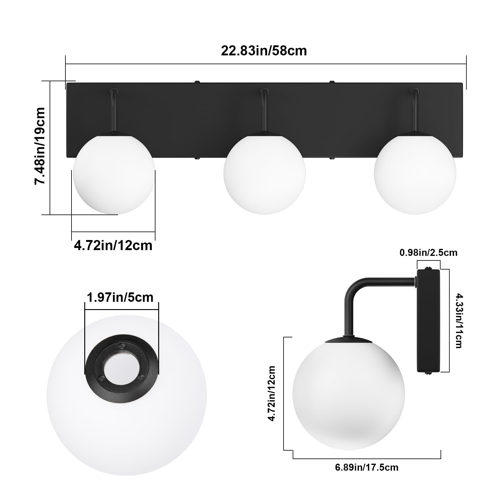 Tipace 3-Light Modern Black Bathroom Vanity Light Fixtures Over Mirror Mid Century Vanity Lights With Milk White Glass Globe Ind