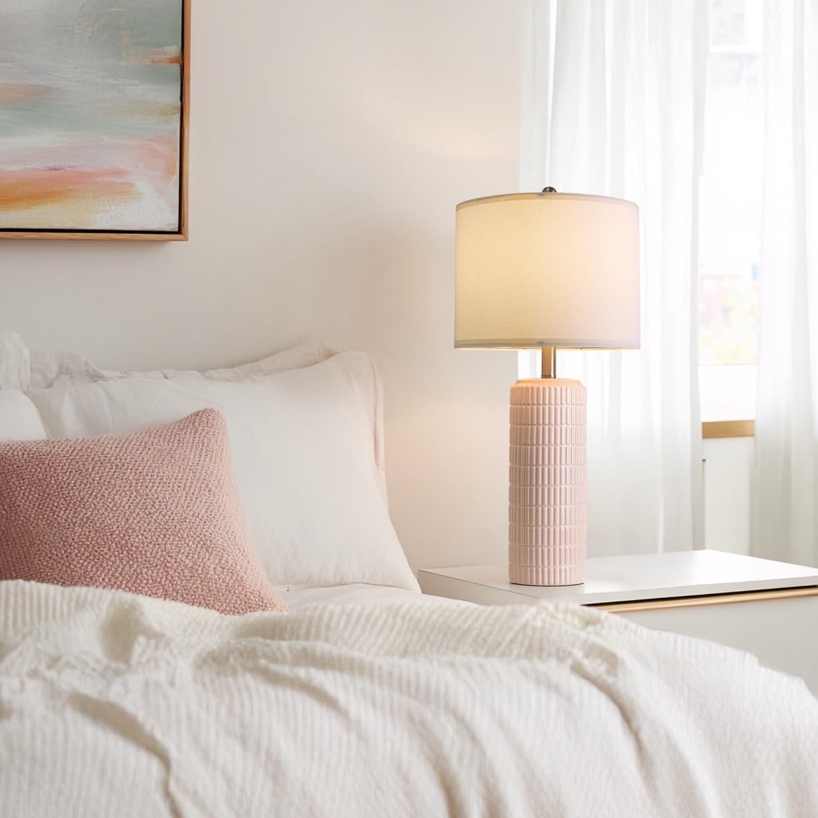 PoKat 27.5" Pink Ceramic Table Lamps Set of 2 - Modern Bedside Lighting for Girls Room, Cute Pink Decor, Model AMZ-T1102L-PK