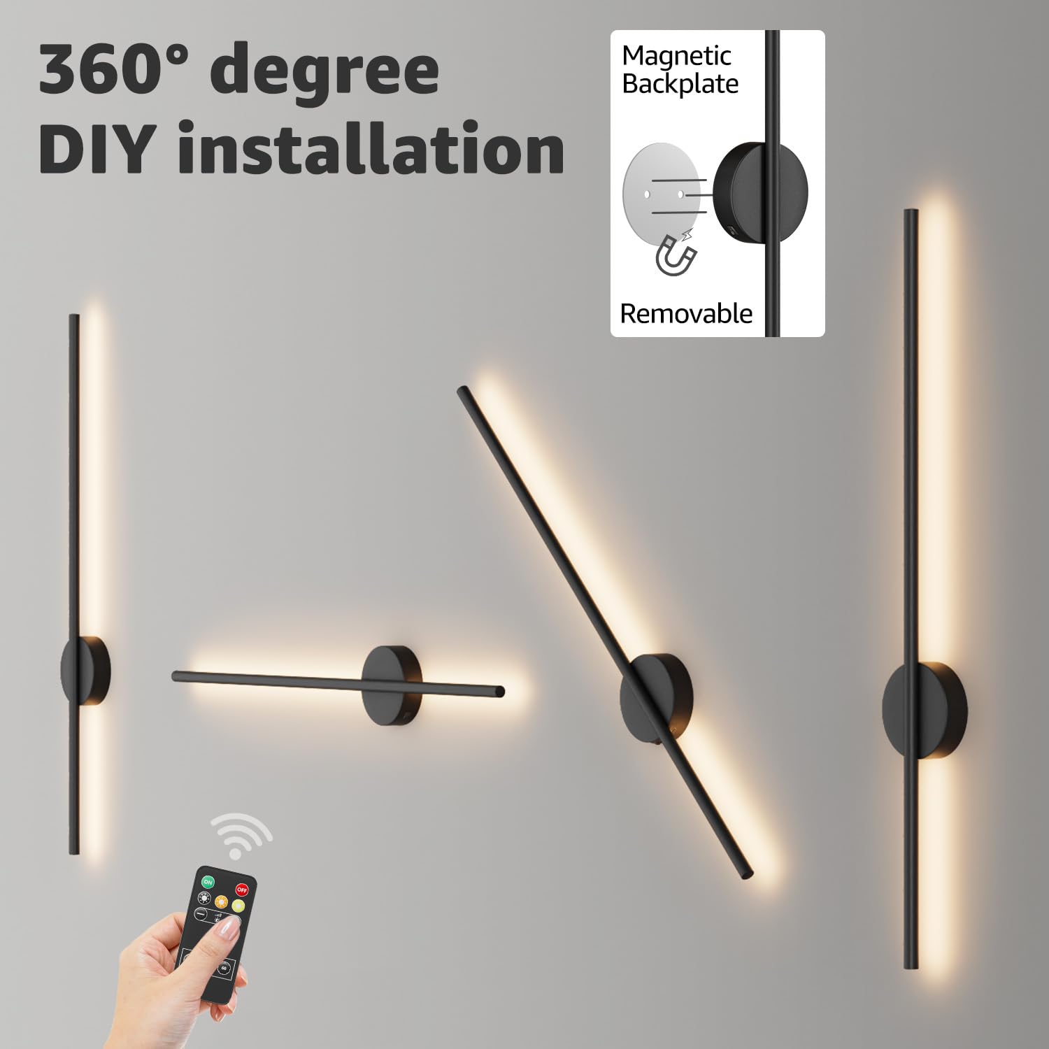 Aipsun Black Battery Operated Wall Sconce, Dimmable, 47.2 Inch, Aluminum, Wireless, Remote Control