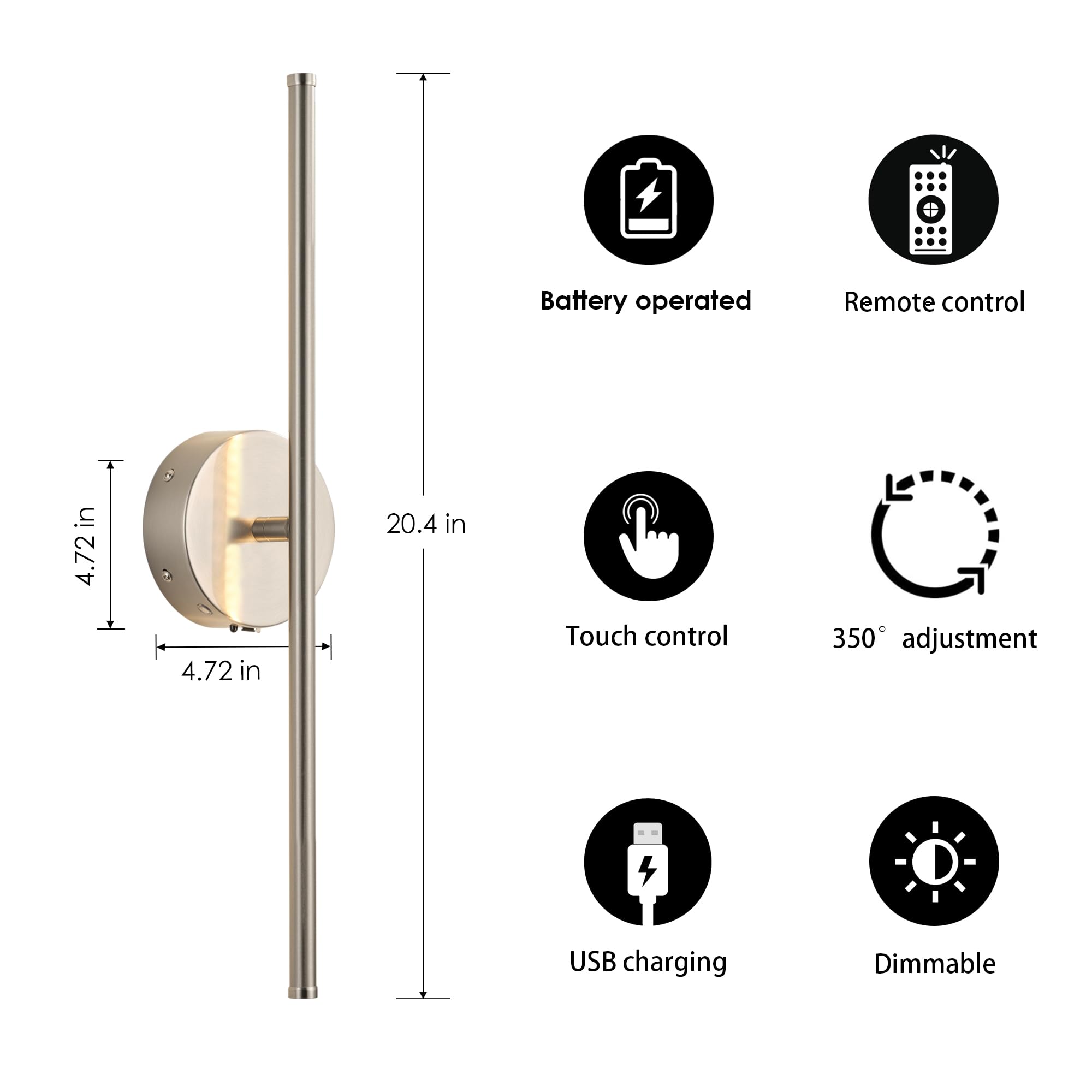 KARTOOSH Battery Operated Wall Sconces Set of Two, Dimmable, 20.4 Inch, Nickel, Model ZM317BNC50