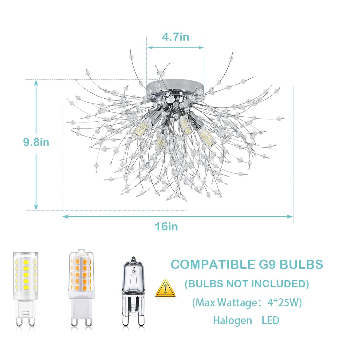 HMVPL Chrome Crystal Mini Firework Chandelier, 4-Light, Modern Design, Model 230401A1, Suitable for Bedroom, Kitchen, Dining Room