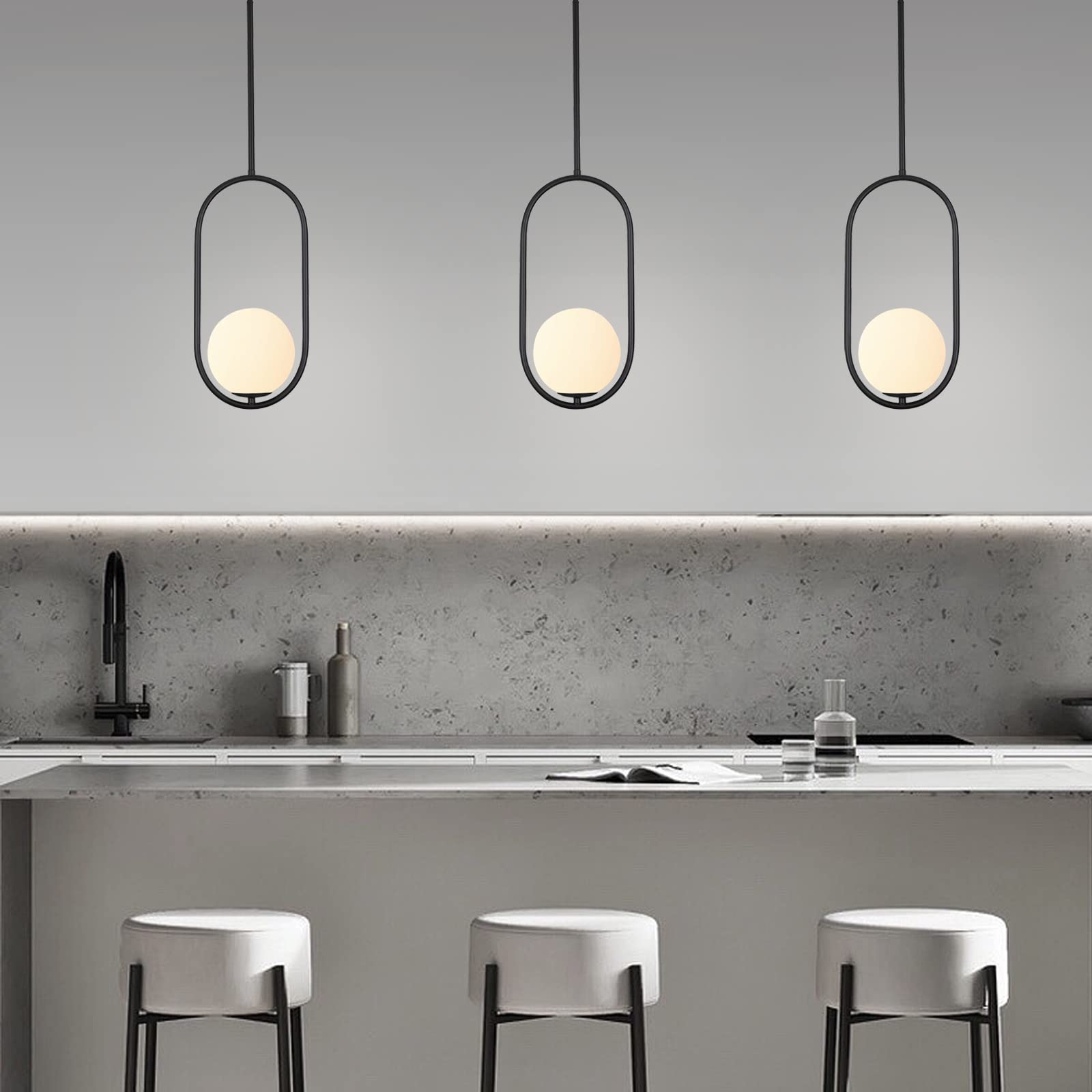 SeeU Pendant Light Chandelier, Black Metal Globe Fixture for Kitchen, Dining Room, Bedroom