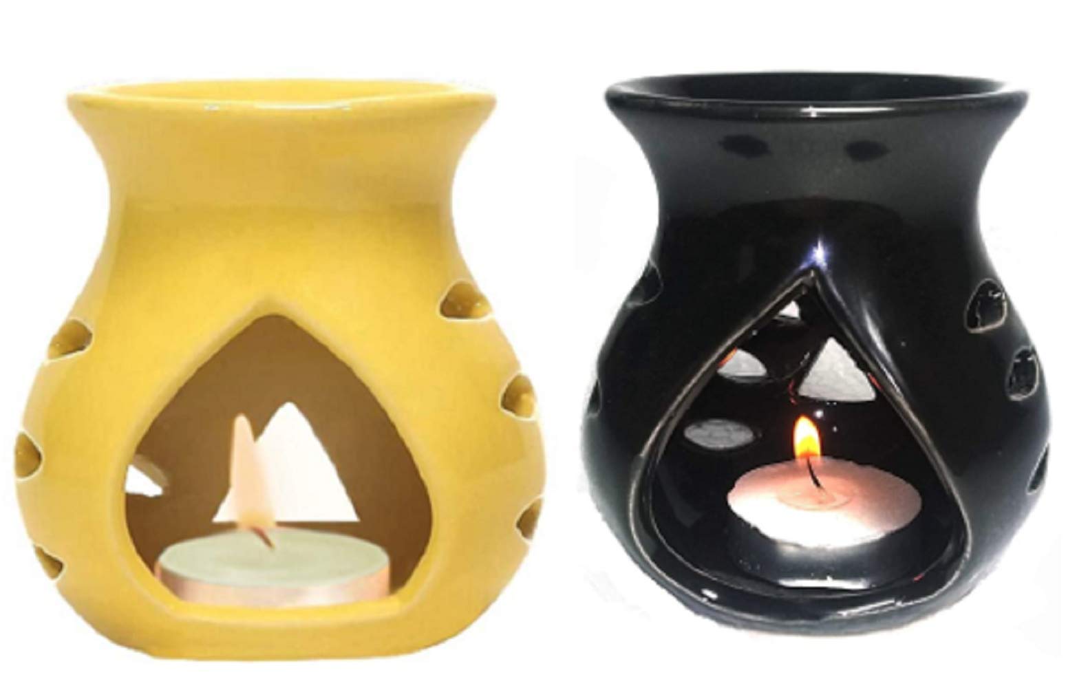 Mkd2 Rise Ceramic Clay Candle Operated Aroma Diffuser Oil Burner Lamp (Yellow & Black) -Set of 2 for Fragrance