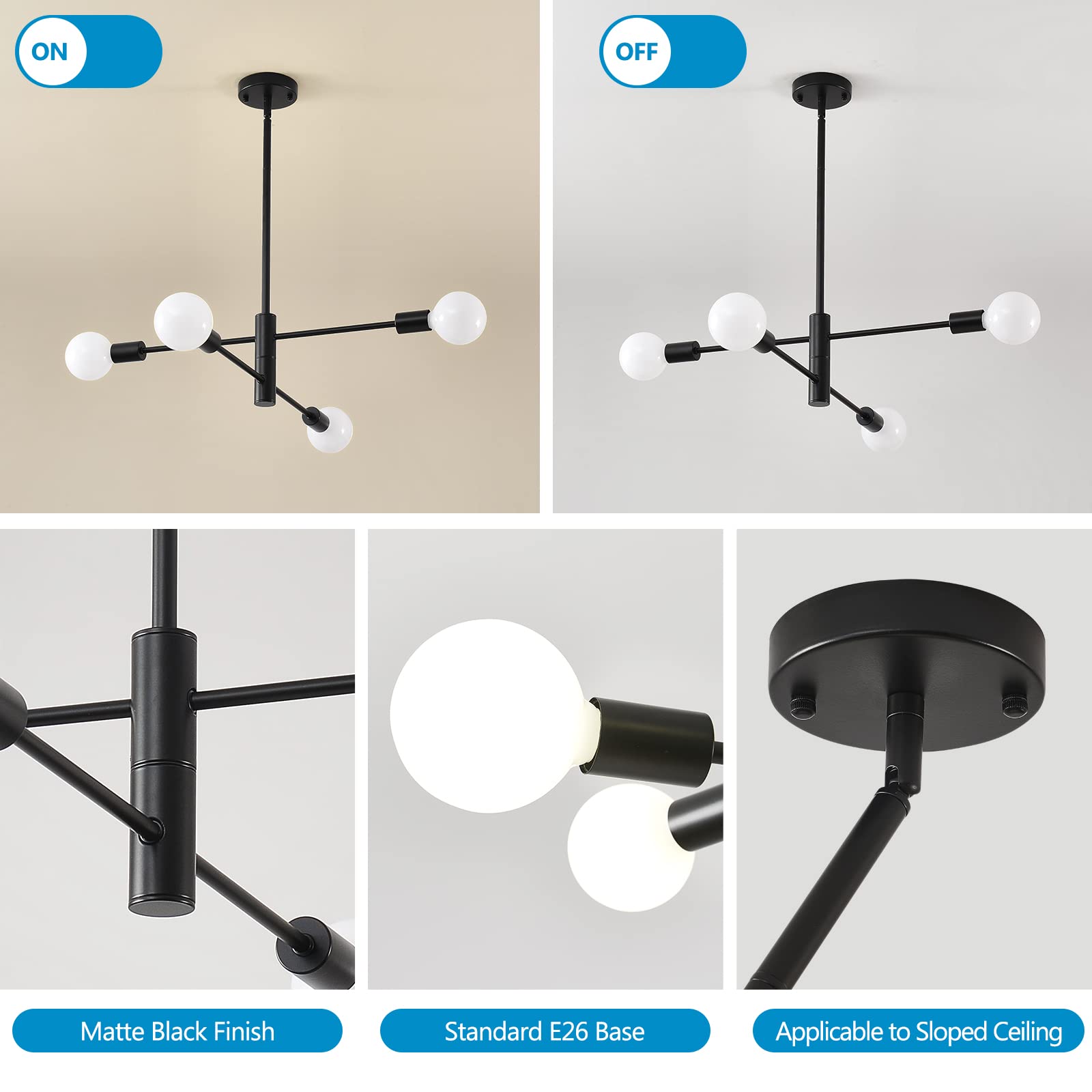 Hhr Modern Sputnik Chandelier - Industrial 4-Light Black Ceiling Light, Adjustable For Kitchen & Dining