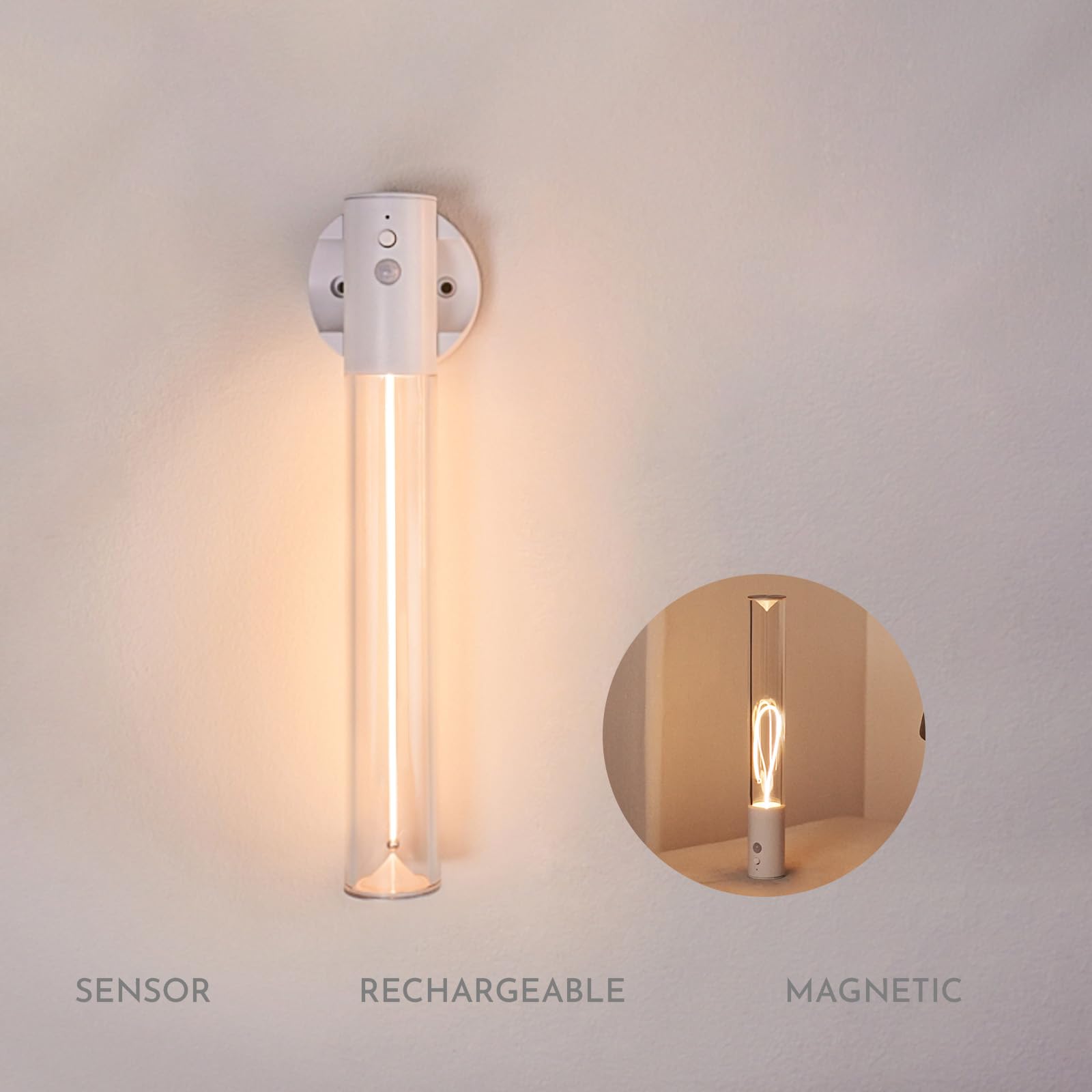 AUGE LIGHT 3-in-1 Motion Sensor Wall Lamp, Magnetic LED Sconce, Cordless, White, Model AGSENWT2201 for Indoor Use