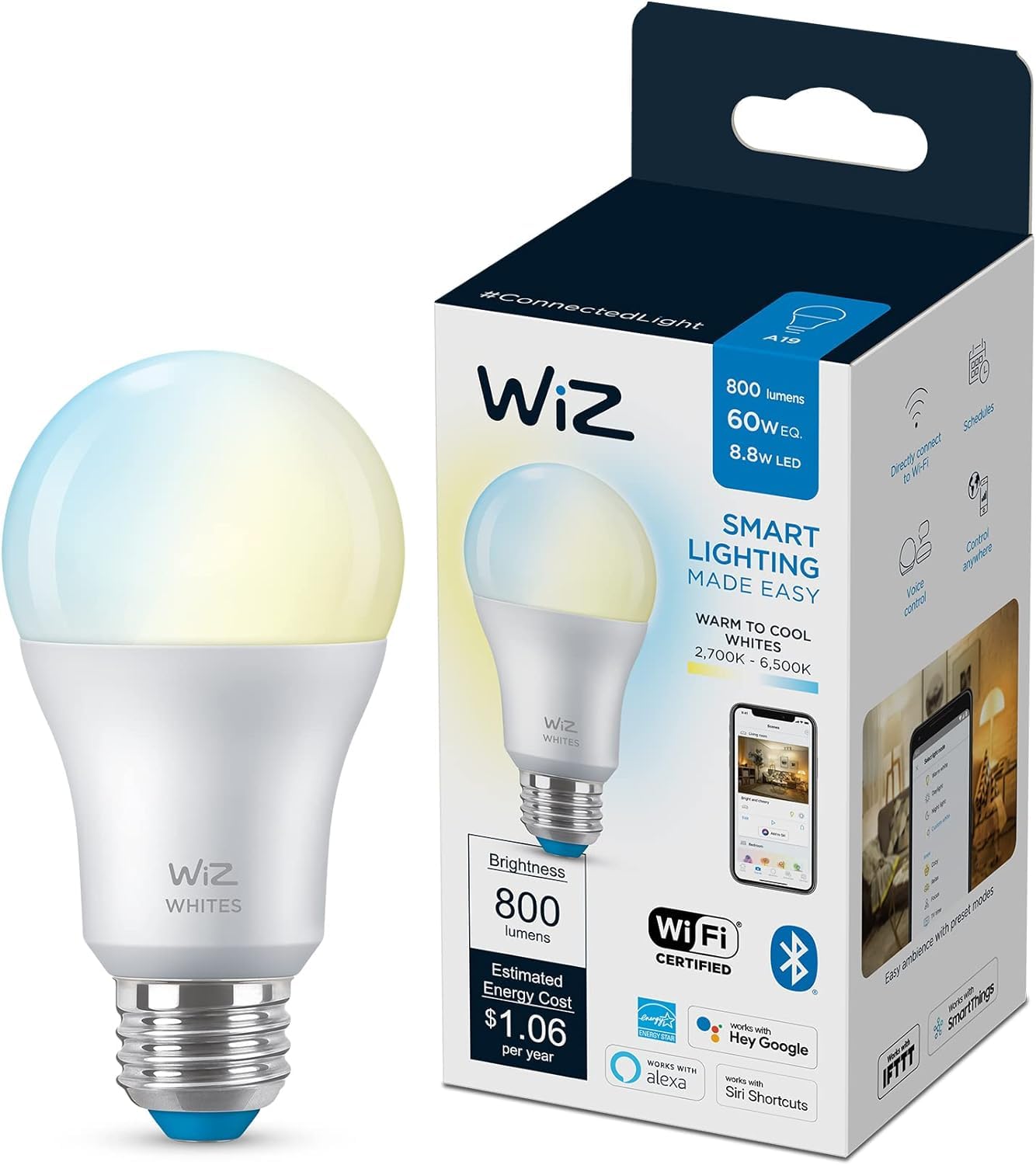 Wiz 60W A19 Tunable White Led Smart Bulb - Pack Of 1 - E26- Indoor - Connects To Your Existing Wi-Fi - Control With Voice Or App