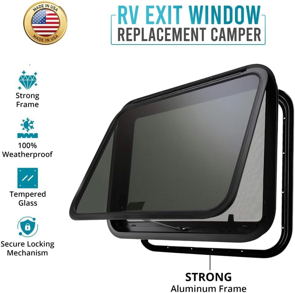 PROFLEX RV Exit Window - 30” W x 20” H, Tempered Glass, Easy Installation, Weather-Resistant, DOT Certified, for 1-3/4" Wall