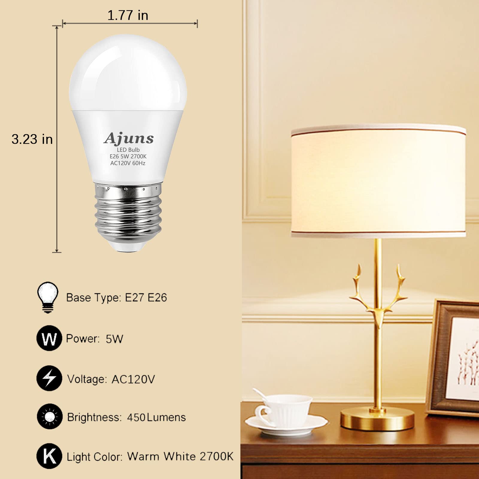 Ajuns Led Bulb 5W Equivalent 40W 120V Light Bulb Ceiling Fan Light Bulbs, Warm White 2700K A15 Led Energy Saving Bulb, E26 Base,