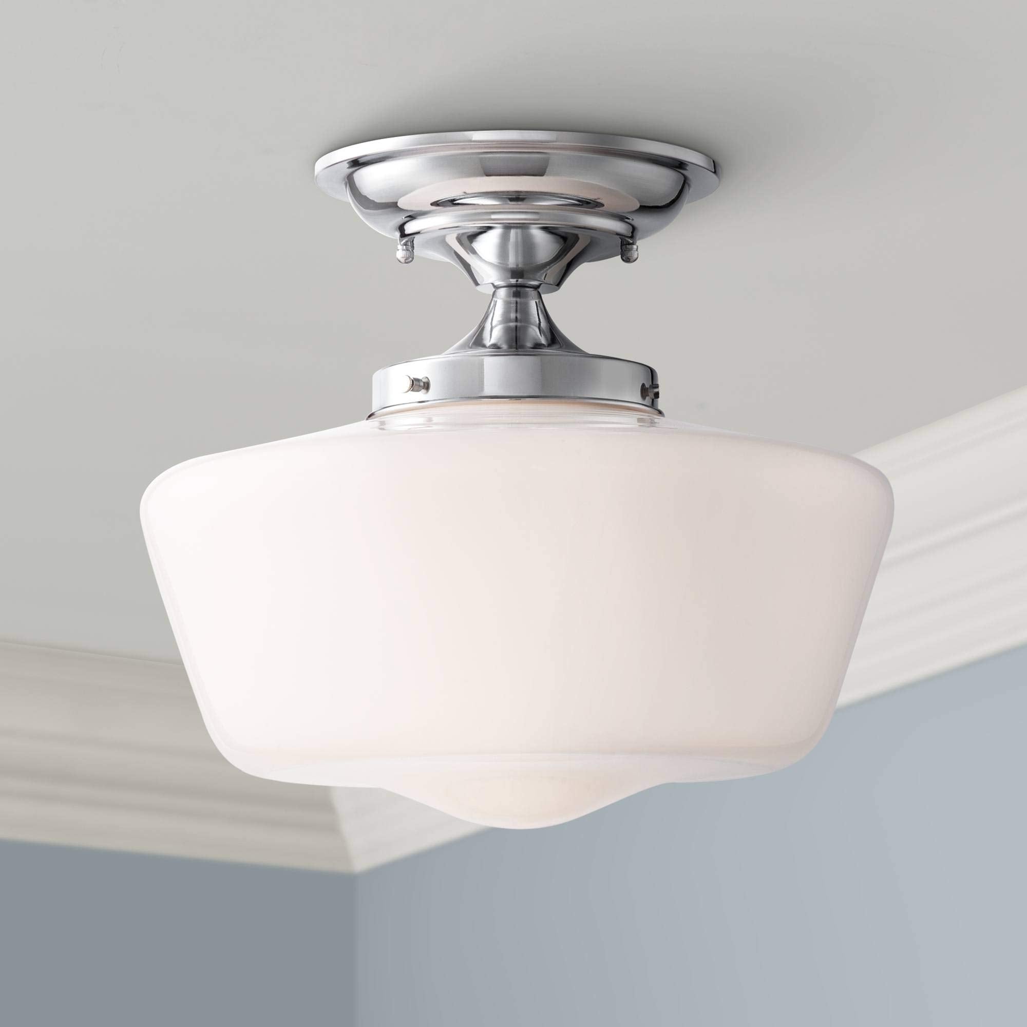 Regency Hill Floating Rustic Farmhouse Ceiling Light Semi Flush-Mount Fixture 12'' Wide Chrome Opal White Glass Shade for Bedroo