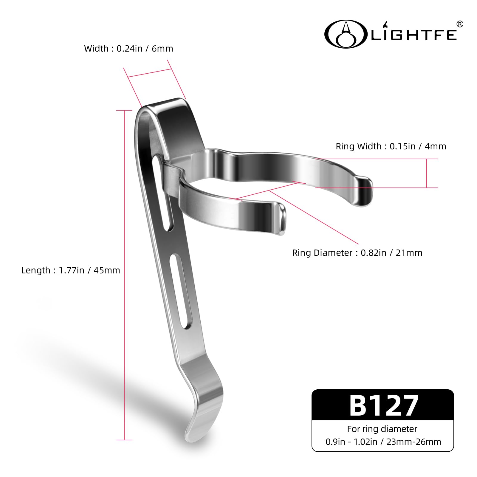 Lightfe B127 Flashlight Clip, Stainless Steel, Adjustable, Led, Suitable For Flashlights 23-26Mm & Slot Width 4-4.4Mm