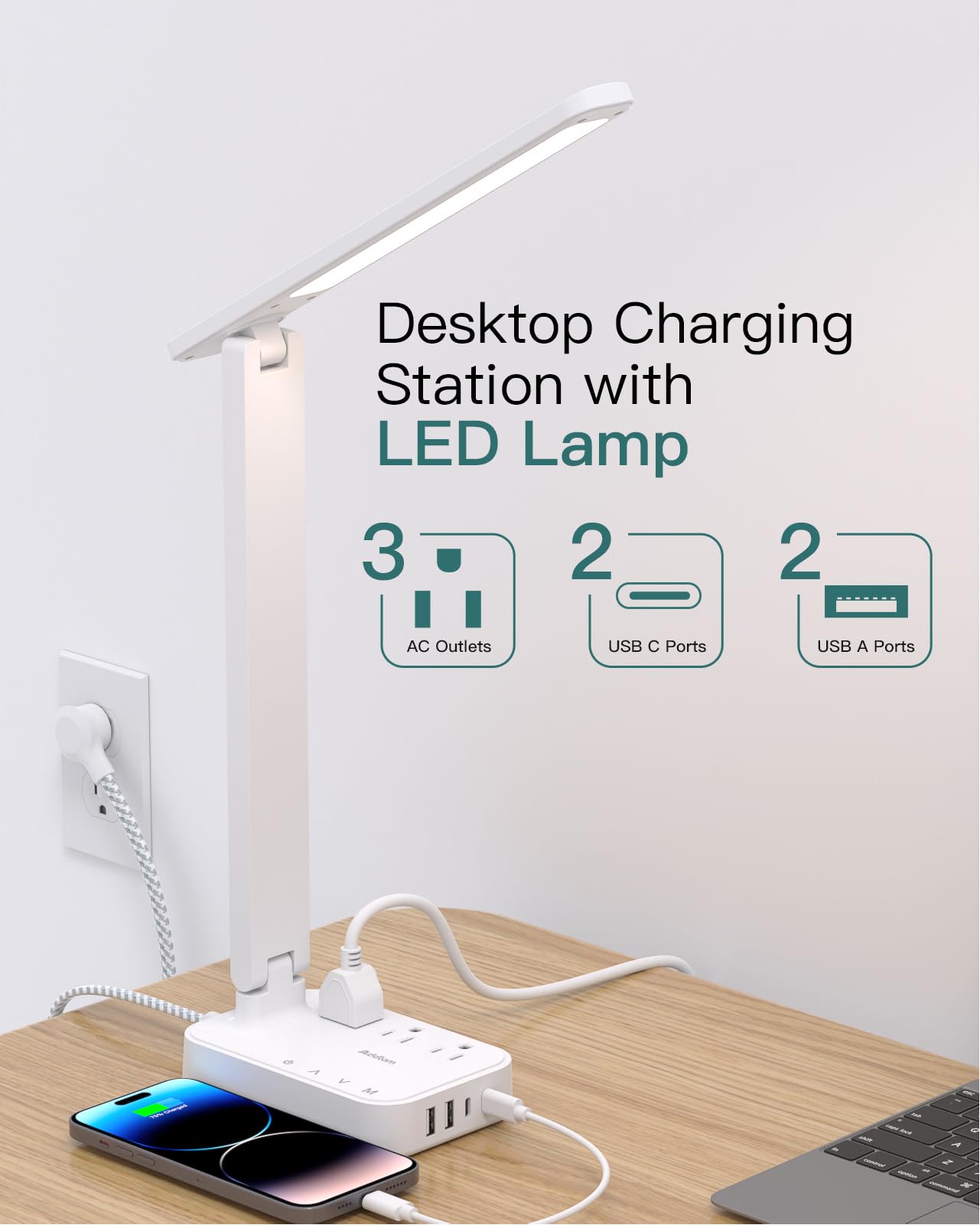 Addtam Led Desk Lamp, Power Strip With 3 Outlets 4 Usb Charging Ports(2 Usbc), 4 Modes 5 Level Brightness Touch Lamp, Small Desk
