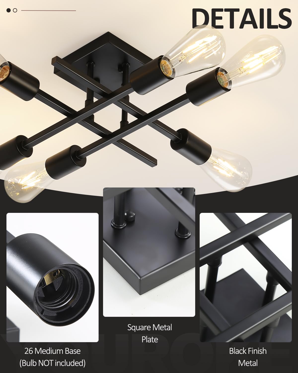 Eidonta 6-Light Semi Flush Mount Ceiling Light Fixture, 2 Pack Modern Black Sputnik Chandelier Lighting, Farmhouse E26 Stock Cei