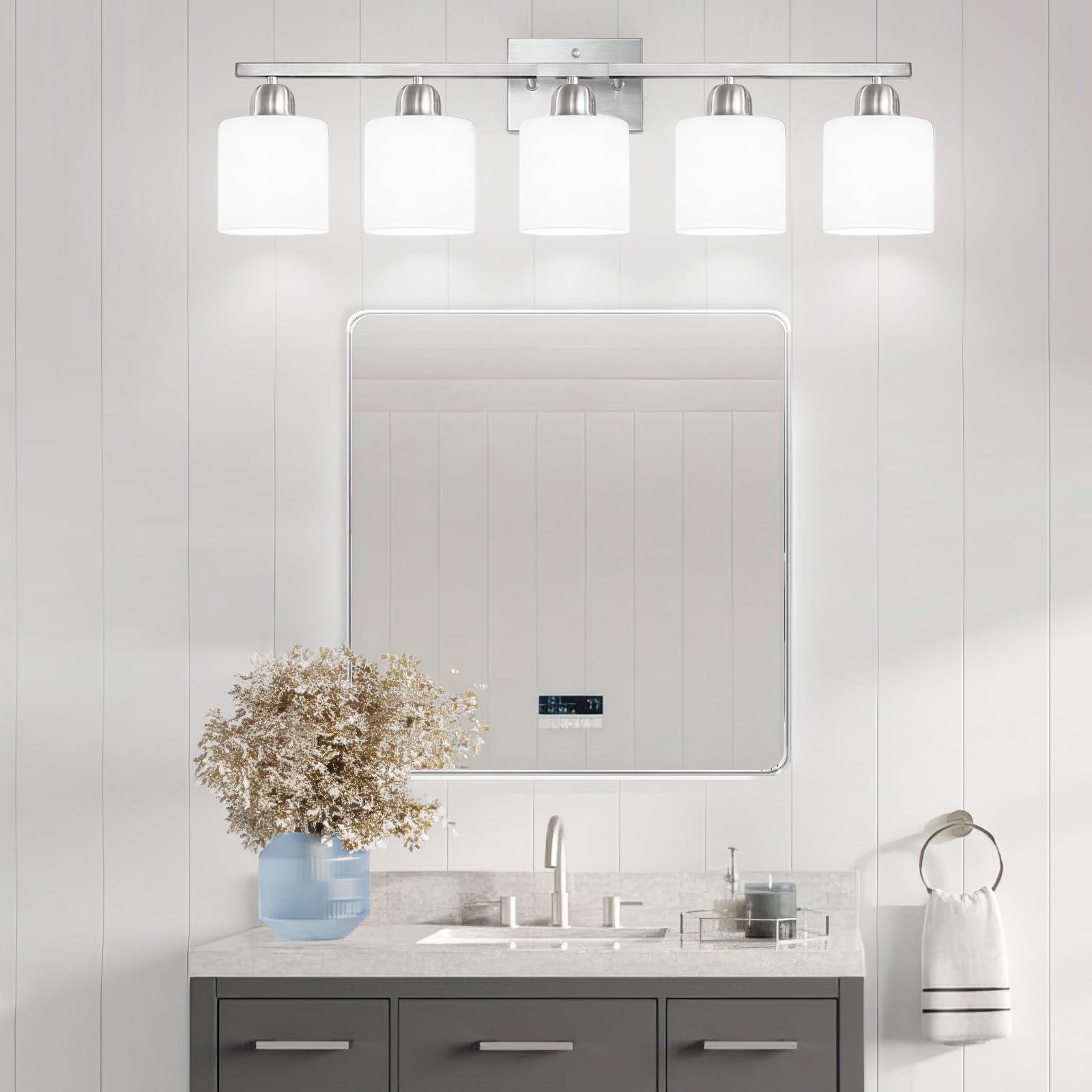 FAISHILAN 5-Light Brushed Nickel Bathroom Vanity Light with Frosted Glass Shade, Model FSL-212--NBN-5
