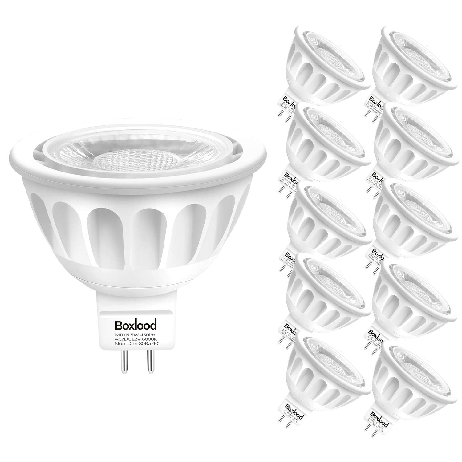 Boxlood Mr16 Led Bulbs 10 Pack, 5W Non-Dimmable, 6000K Cool White, Gu5.3 Base, 90% Energy Saving