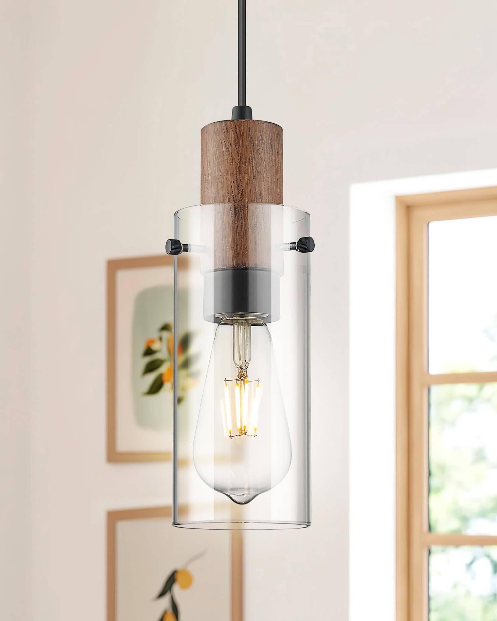 Emak 3 Pack Mini Pendant Lights Kitchen Island, Black Pendant Light With Clear Glass Shade, Wood Grain Painted, Modern Farmhouse