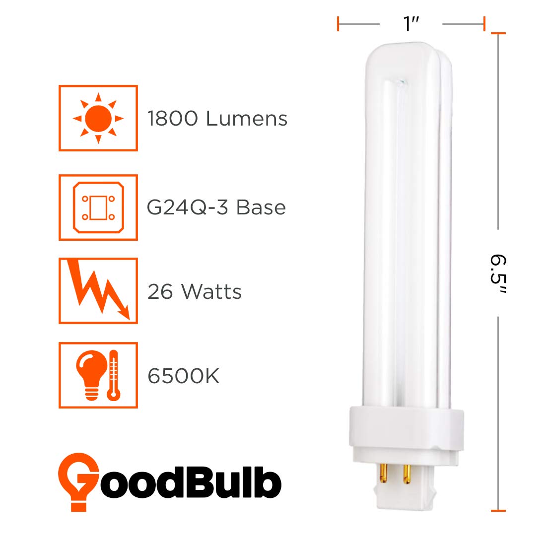 Goodbulb 26 Watt Cfl Light Bulbs | 4 Pin G24Q-3 Base 6500K Full Spectrum | 26W High Output 1800 Lumens | Double Tube Compact Fluorescent Light Bulbs Plug-In | 10 Pack