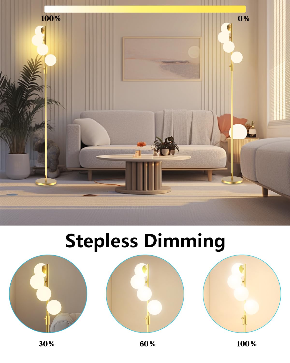 Acohook 64In Dimmable Gold Floor Lamp, Tall Standing Lamps With 4 Globe Soft Warm White Eye Care 3000K G9 Bulbs, Mid Century Mod