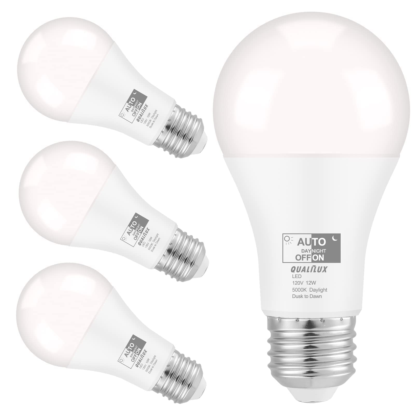 Qualilux Dusk To Dawn Light Bulbs 1000 Lumen, Daylight, Led 12W, A19 E26, 4-Pack, Hq-H024