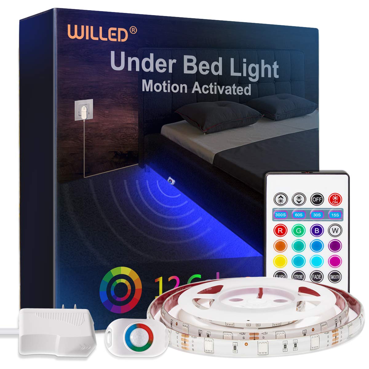 WILLED RGB LED Strip Lights, Motion Activated, RF Remote Control, Color Changing for Bed, Stairs, Shelf, Desk, Cabinet