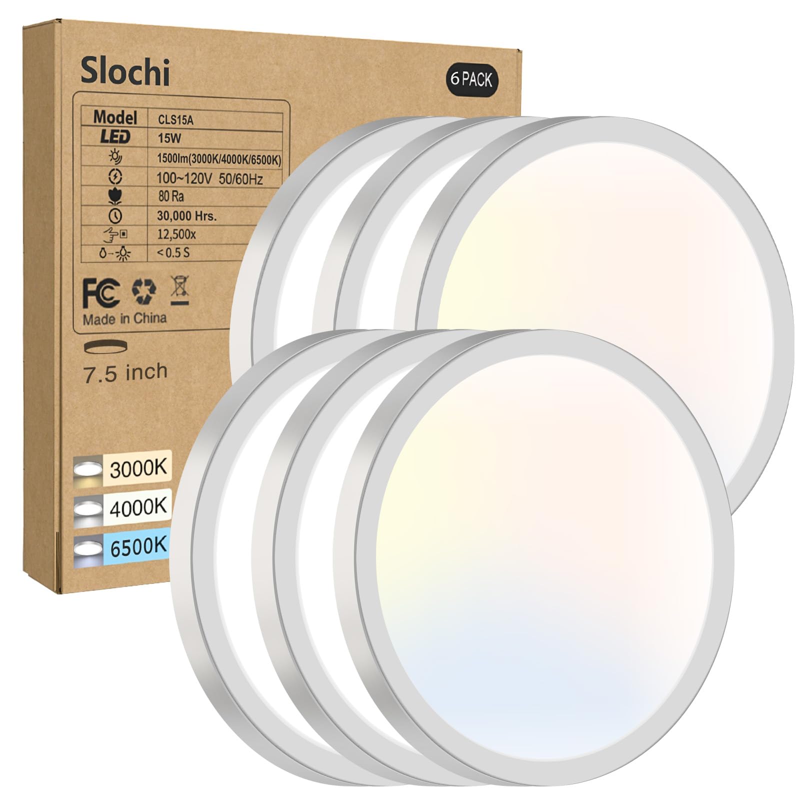 Slochi 6Pack Flush Mount Ceiling Light  7.5Inch Super Slim 3000K-4000K-6500K Led Ceilings Light  Round White Ceiling Light Fixtures For Bedroom Living Room Kitchen Bathroom Hallway Laundry