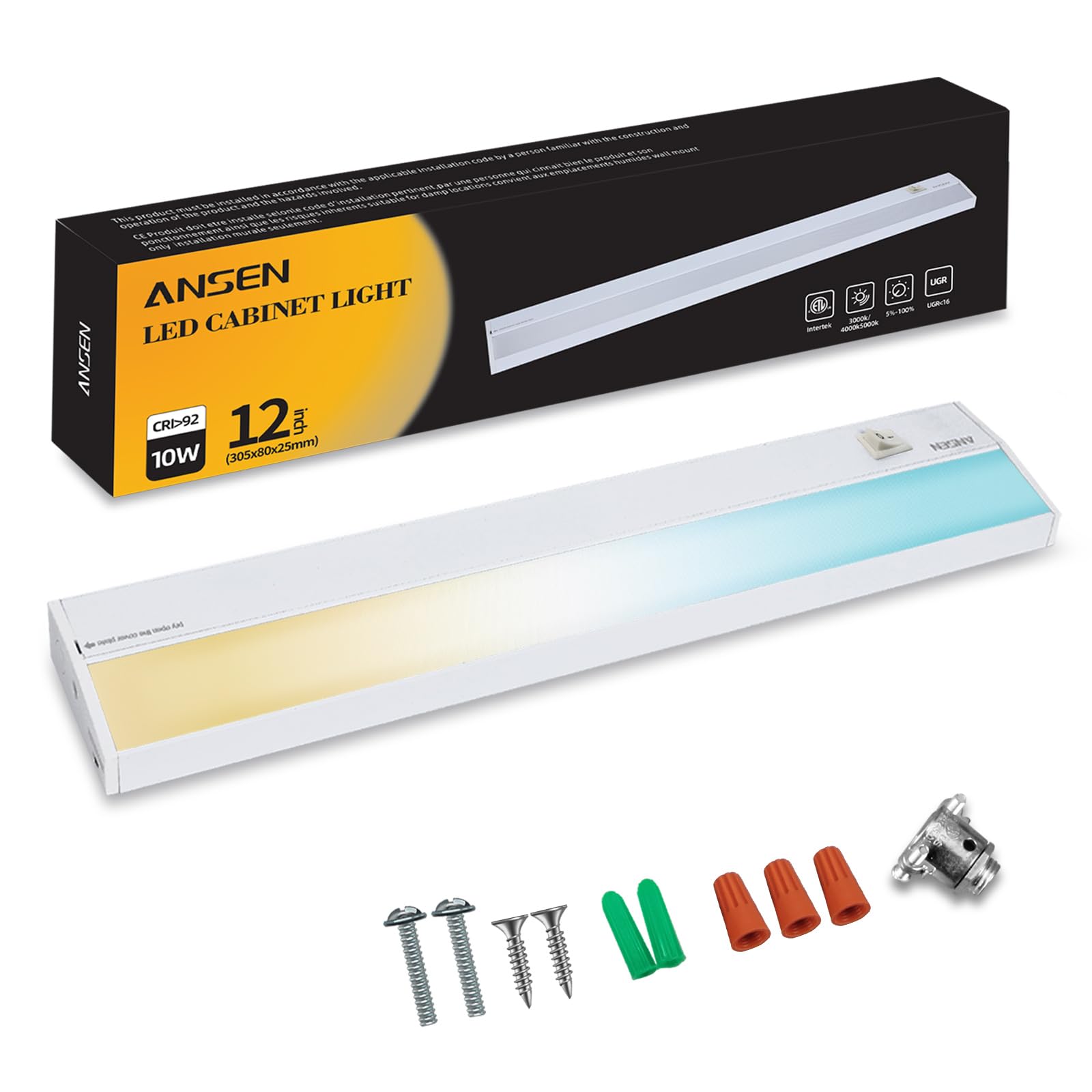 Ansen Hardwired Under Cabinet Lighting, 12in 10W LED Light for Kitchen/Closet, CRI>92, R9>90, Dimmable, 3 Color Temperature, 300