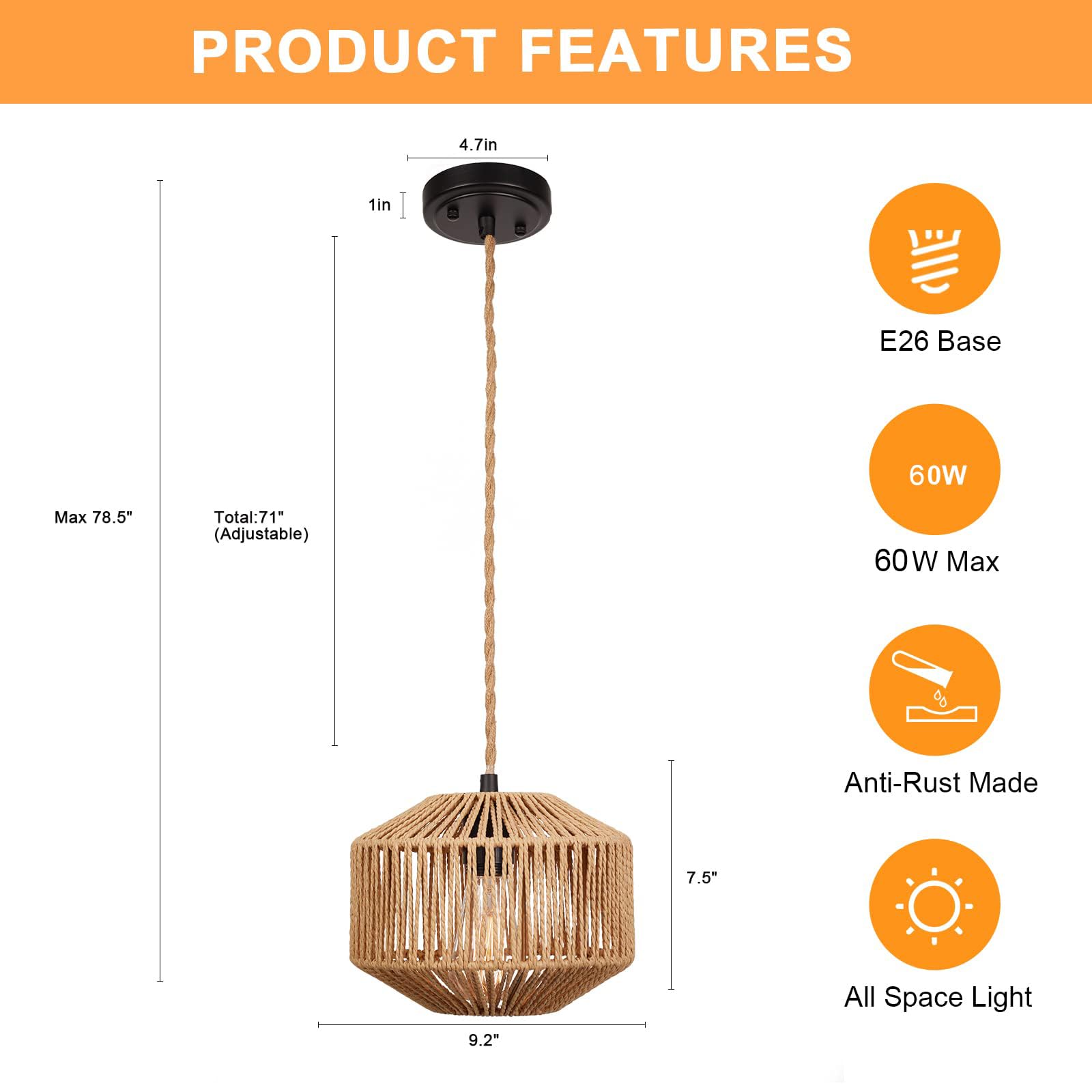Rosient Rattan Woven Pendant Lamp - 9.2&quot; Natural Coastal Rope Light Fixture For Home Decor