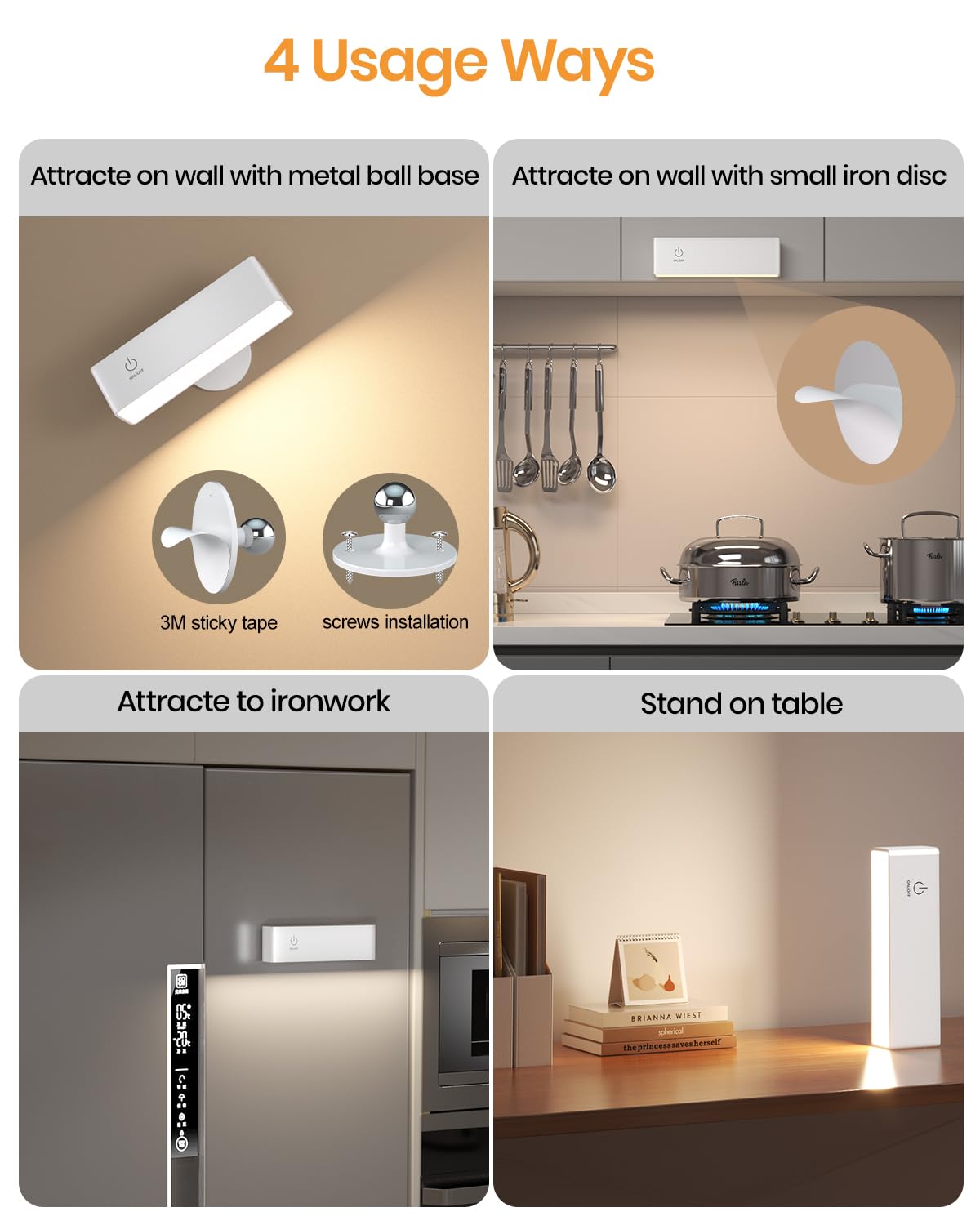 DetarZinLED Wall Sconces - 2 Pack Battery Operated, Magnetic, Dimmable USB Lights, White, Model EL-BSRF-02