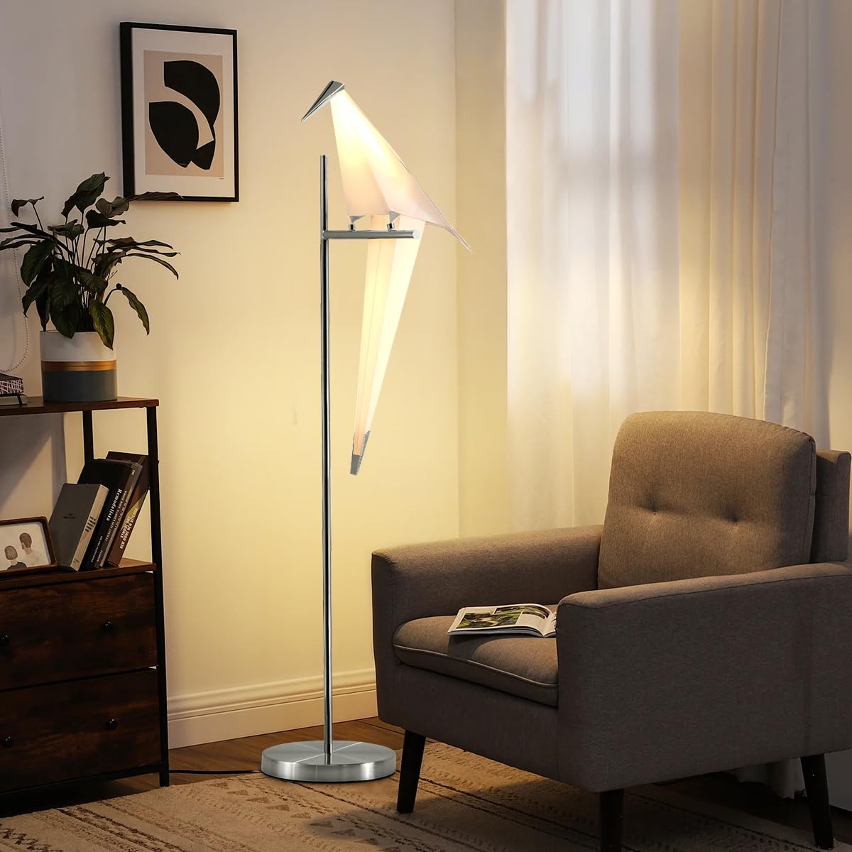 More Change 62-Inch Modern Led Bird Floor Lamp For Living Room, Modern Silver Standing Lamp With Bird Shade Floor Light Metal Fixtures For Bedroom Office