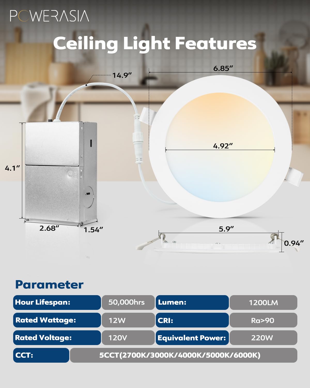 POWERASIA 12 Pack 6 Inch Ultra-Thin LED Recessed Ceiling Lights 6000K Dimmable, Aluminum, ETL & Energy Star Certified, 1200LM