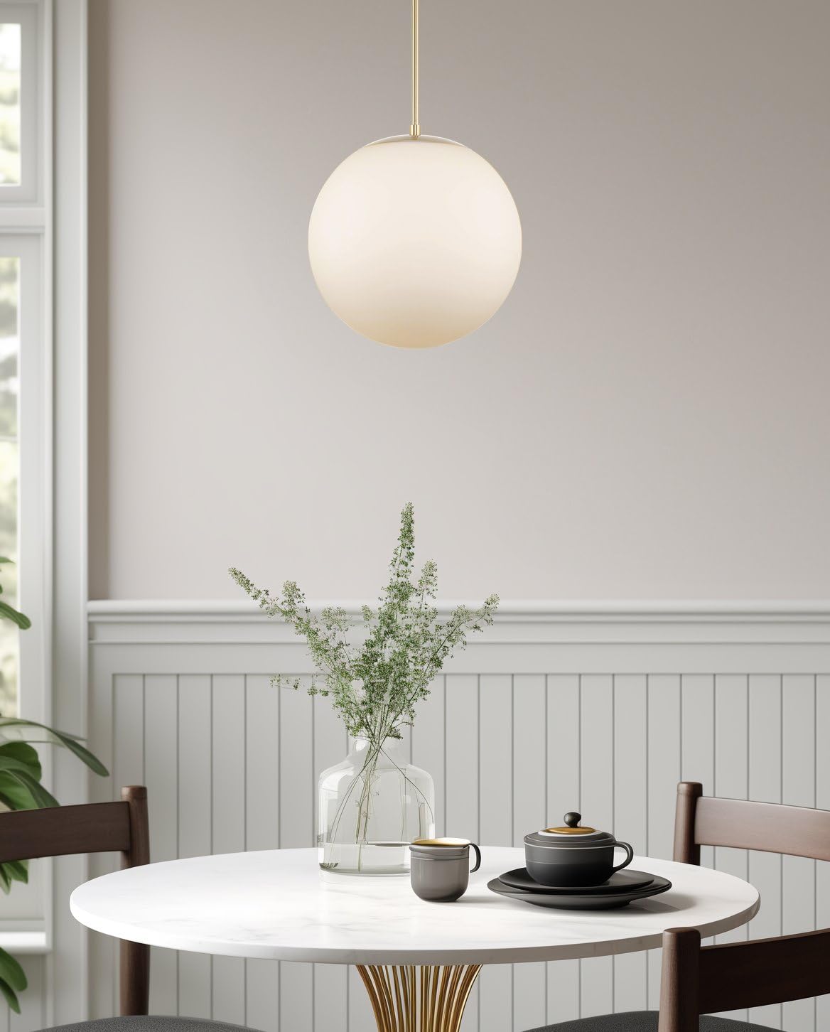 Kira Home Ceres 14" Mid-Century Modern Hanging Orb Pendant Light With Smooth Matte White Frosted Diffuser, Cool Brass Finish