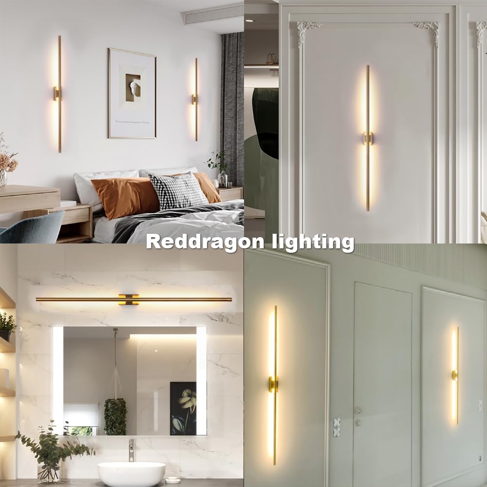 Reddragon Lighting Set Of 2 Dimmable Hardwired Linear Gold Led Wall Lamp 1-Gang Long 40 Inch Vanity Wall Sconce For Living Room Bedroom Bathroom Corridor Mirror (2 Pack, 40'', Gold, Dimmable)