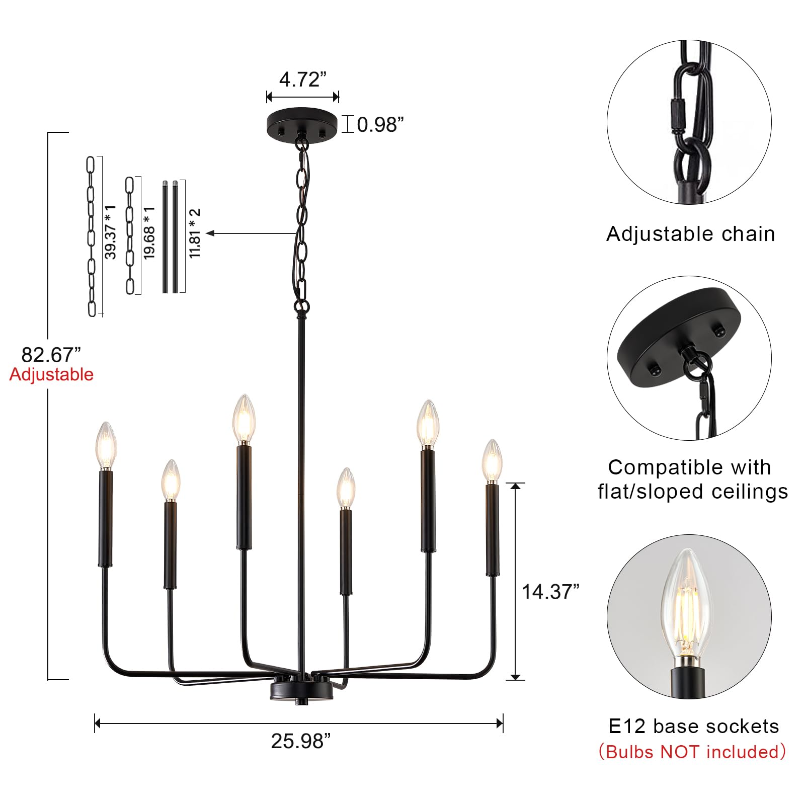 Zuyurt Black Chandelier, Modern Farmhouse Dining Room Light Fixture 6-Light Chandelier With Chain, Metal Hanging Lighting Fixtures Candle Dining Lights For Kitchen, Living Room, Bedroom, Foyer