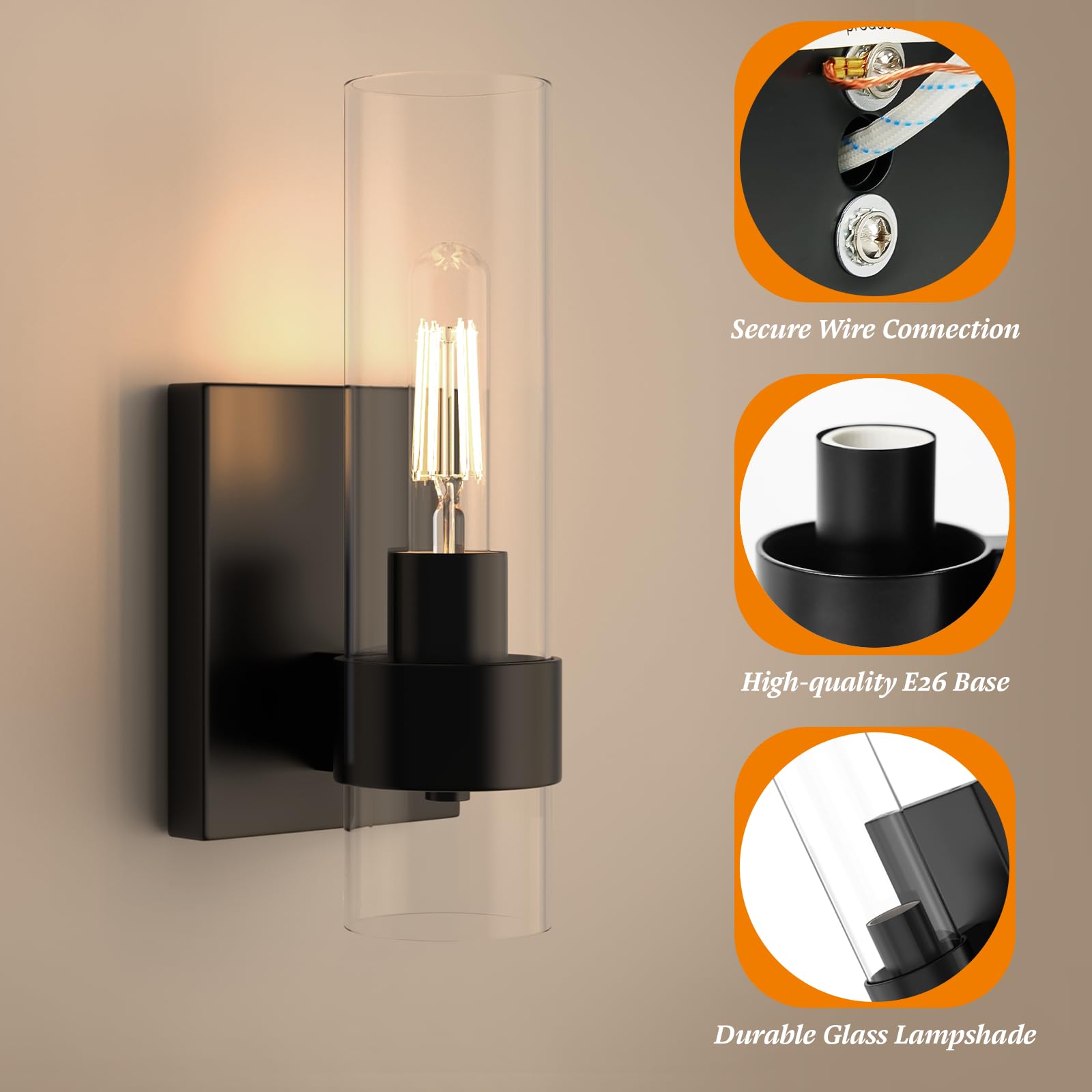 Zevluck 1-Light Wall Sconce, Matte Black Bathroom Vanity Light With Cylinder Clear Glass, Modern Hardwired Vanity Wall Lamps For