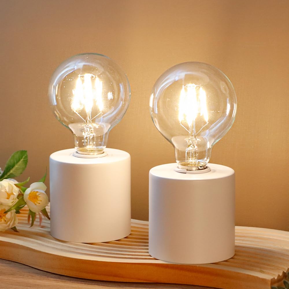 Jhy Design Set Of 2 White Table Lamp Battery Powered 7 Tall Cordless Lamp Light With Edison Style Bulb Battery Operated Great Fo