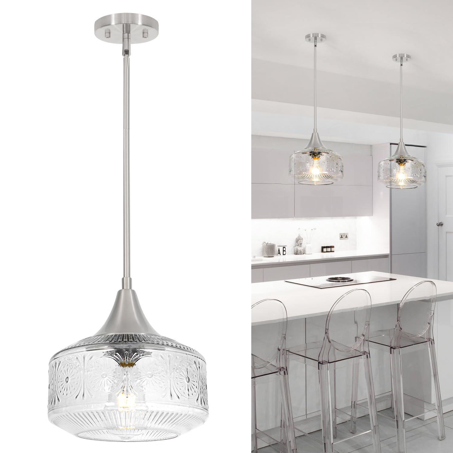 Brushed Nickel Pendant Light  Pendant Lights Kitchen Island with Large Globe Glass Lampshade  Pendant Light Fixtures with Adjustable Cable  Hanging Light for Dining Room Bathroom Bedroom  E26 Base