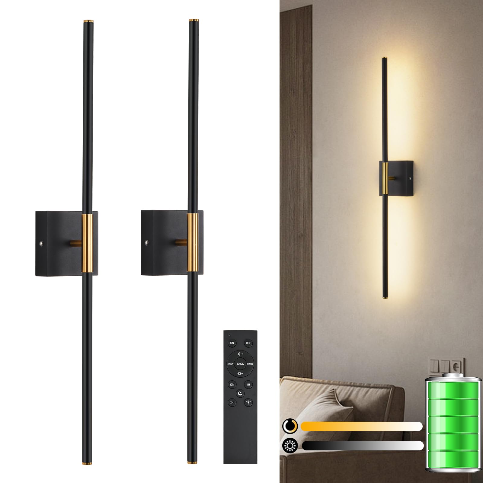 Led Wireless Wall Sconces Set Of Two Dimmable Battery Powered Wall Sconce With Remote Control 360Rotate Black Gold Cordless Usb