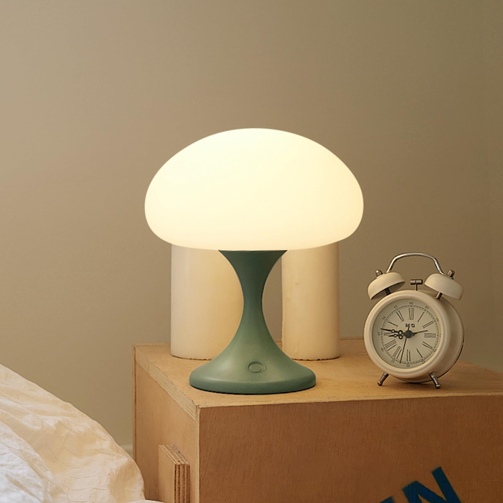 MAGCHARM Mushroom Lamp, 5W LED Cordless Rechargeable Table Lamp with Glass Shade, Small Retro Dimmable Touch Light with 3 Color 