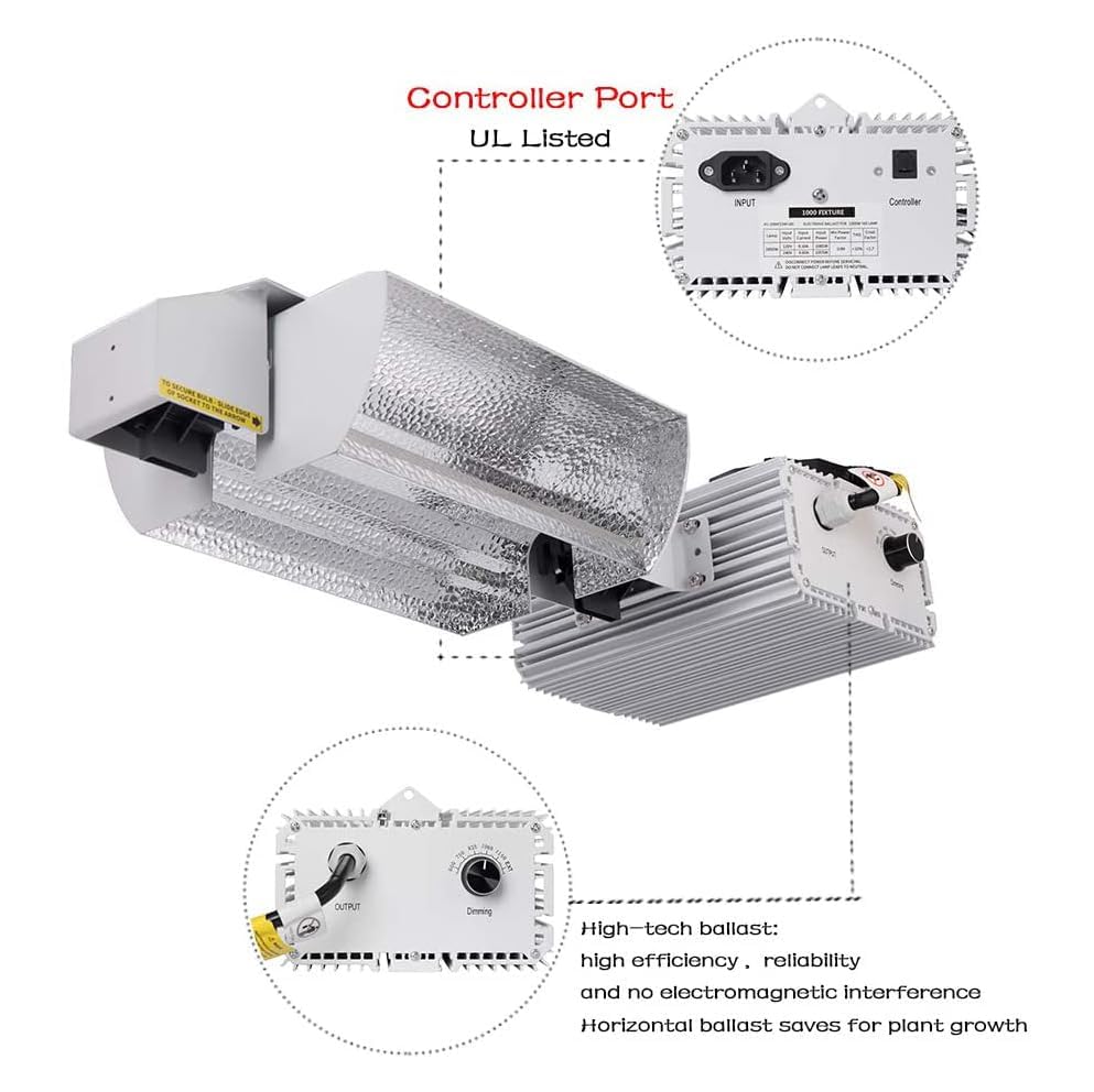 Generic Raylux 1000W DE HID Grow Light System, Aluminum Open Style Reflector, Silver with Controller Port