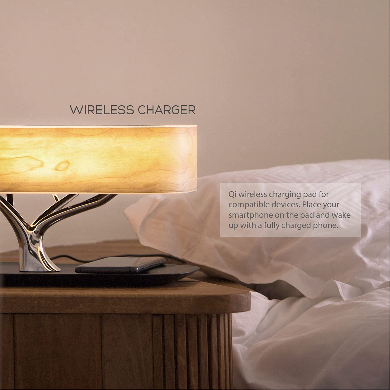 MODIRNATION Bonsai LED Bedside Lamp with Bluetooth Speaker & Qi Charger, Black, Model MN-TLTOL1019, Stepless Dimming, Sleep Mode
