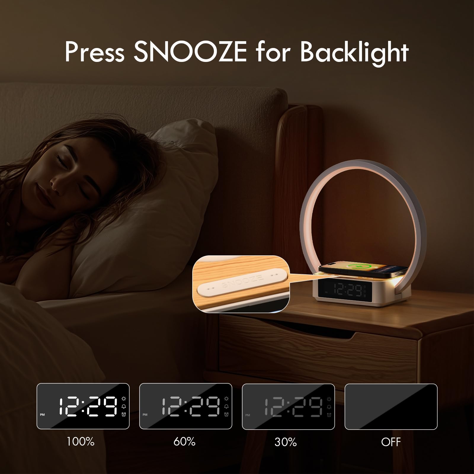 WILIT Bedside Lamp with Alarm Clock & Wireless Charger, 3-Grade Dimmable, Plastic, Model B17, White/Brown