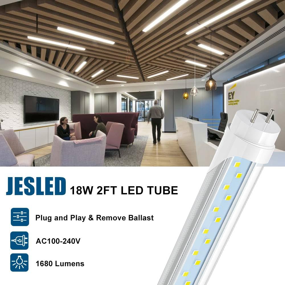 Jesled 2Ft T8 Led Type A+B Tube Light, 12W(30W Equivalent), 1680Lm, 6000K, Plug And Play Or Ballast Bypass, 24 Inch F20T12 Fluor