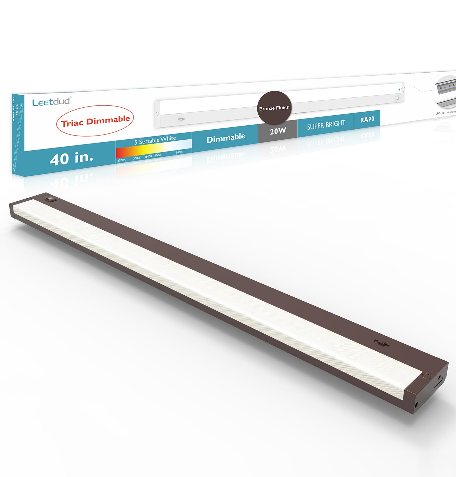 Leetdud LED Under Cabinet Lighting Hardwired or Plug in, 40 Inch 20W, Dimmable 5 Color 2700K/3000K/3500K/4000K/5000K, Linkable E