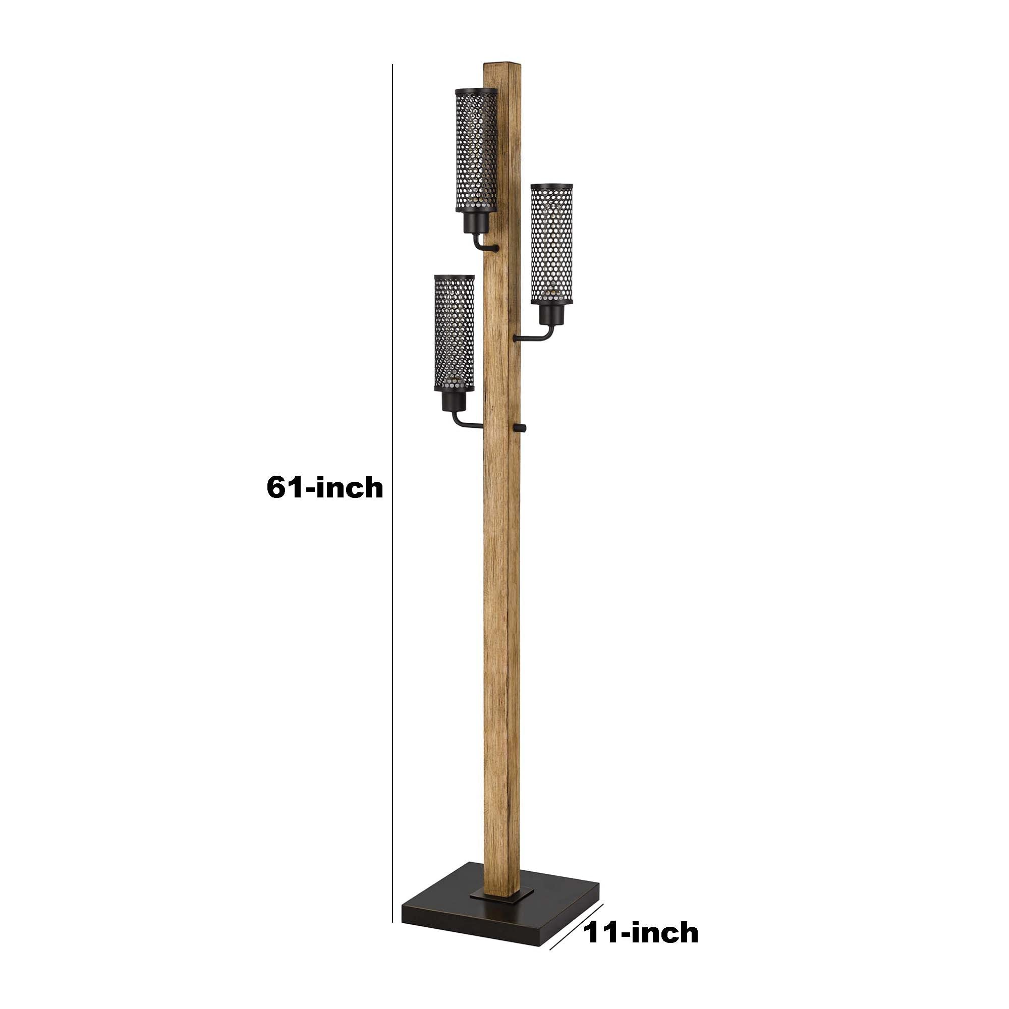 Benzara Wooden Floor Lamp with 3 Metal Mesh Shades, 61x11x23.54 inches, Brown and Black, Model BM241796