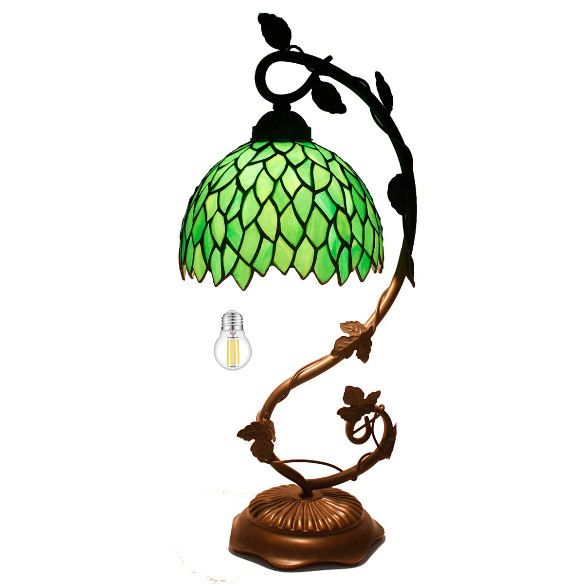 WERFACTORY Tiffany Style Lamp, Stained Glass, Metal Leaf Base, 8X10X21 Inches, Green Wisteria S523 Series